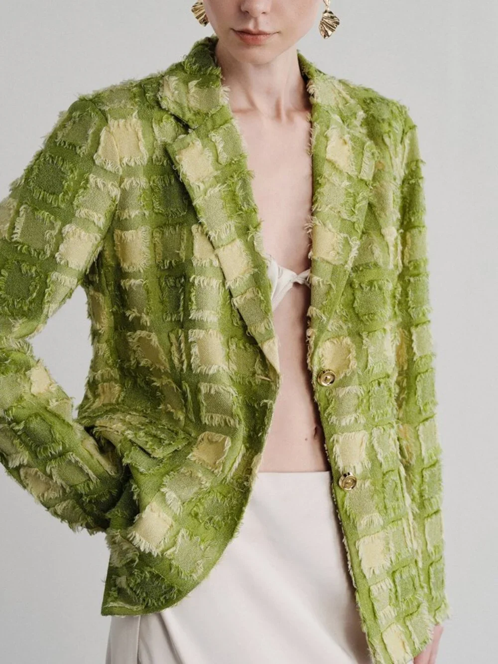 Green Elegant Women's Textured Peak Lapel Slim Tweed Blazer